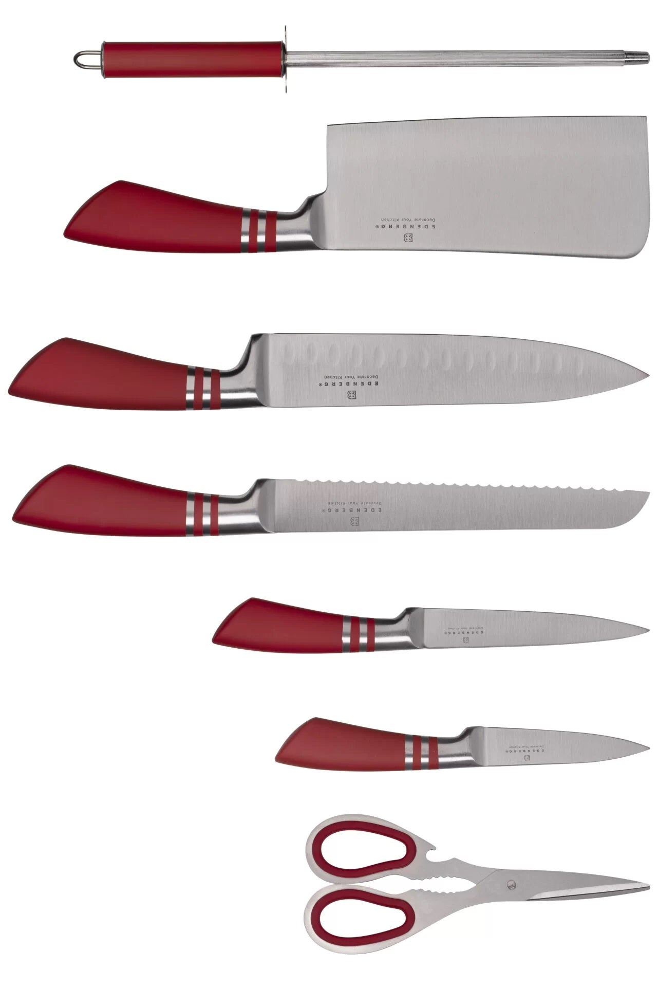 Edenberg EB-907 Red Stainless Steel Kitchen Knife Set with Stand, 8 pcs - Image 3