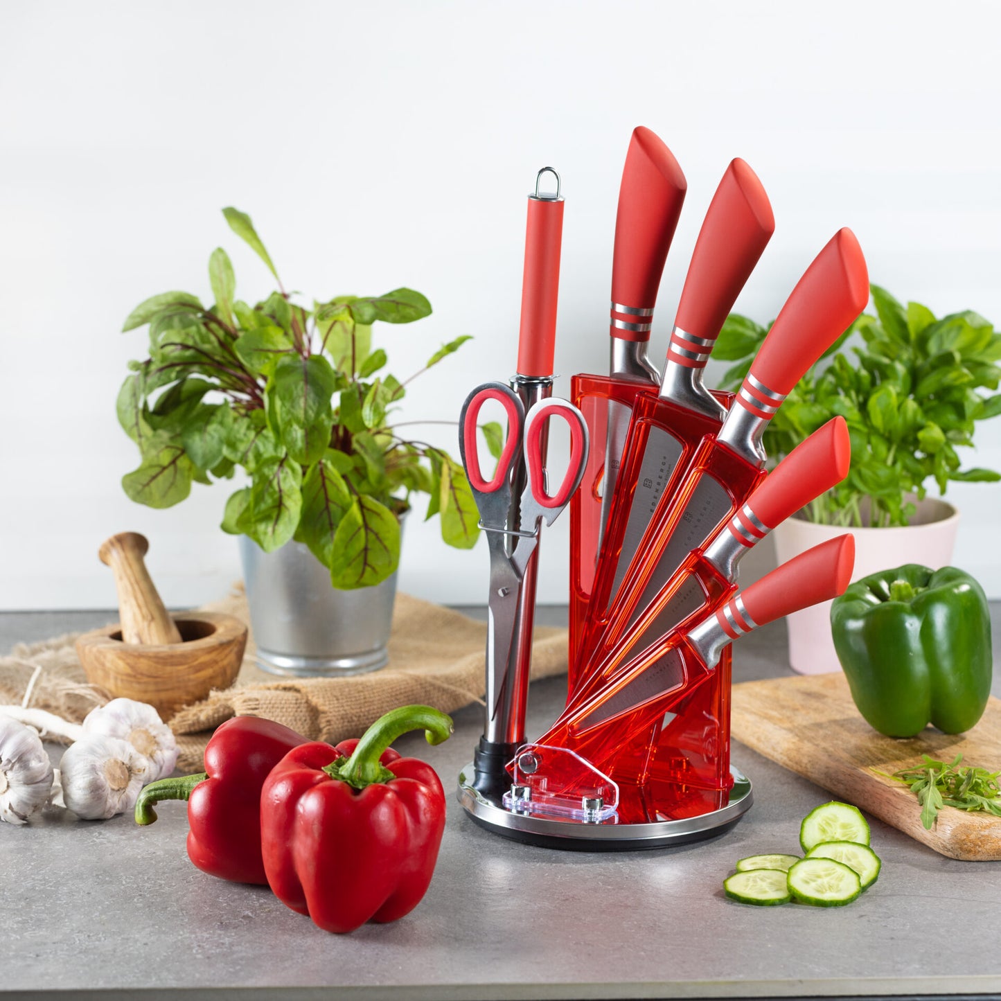 Edenberg EB-907 Red Stainless Steel Kitchen Knife Set with Stand, 8 pcs - Image 4