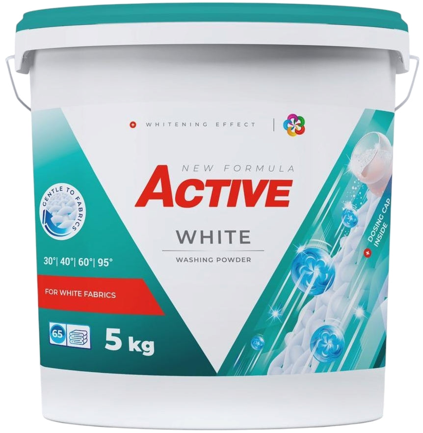 Active White Laundry Detergent Powder in Bucket, 65 Loads, 5 kg