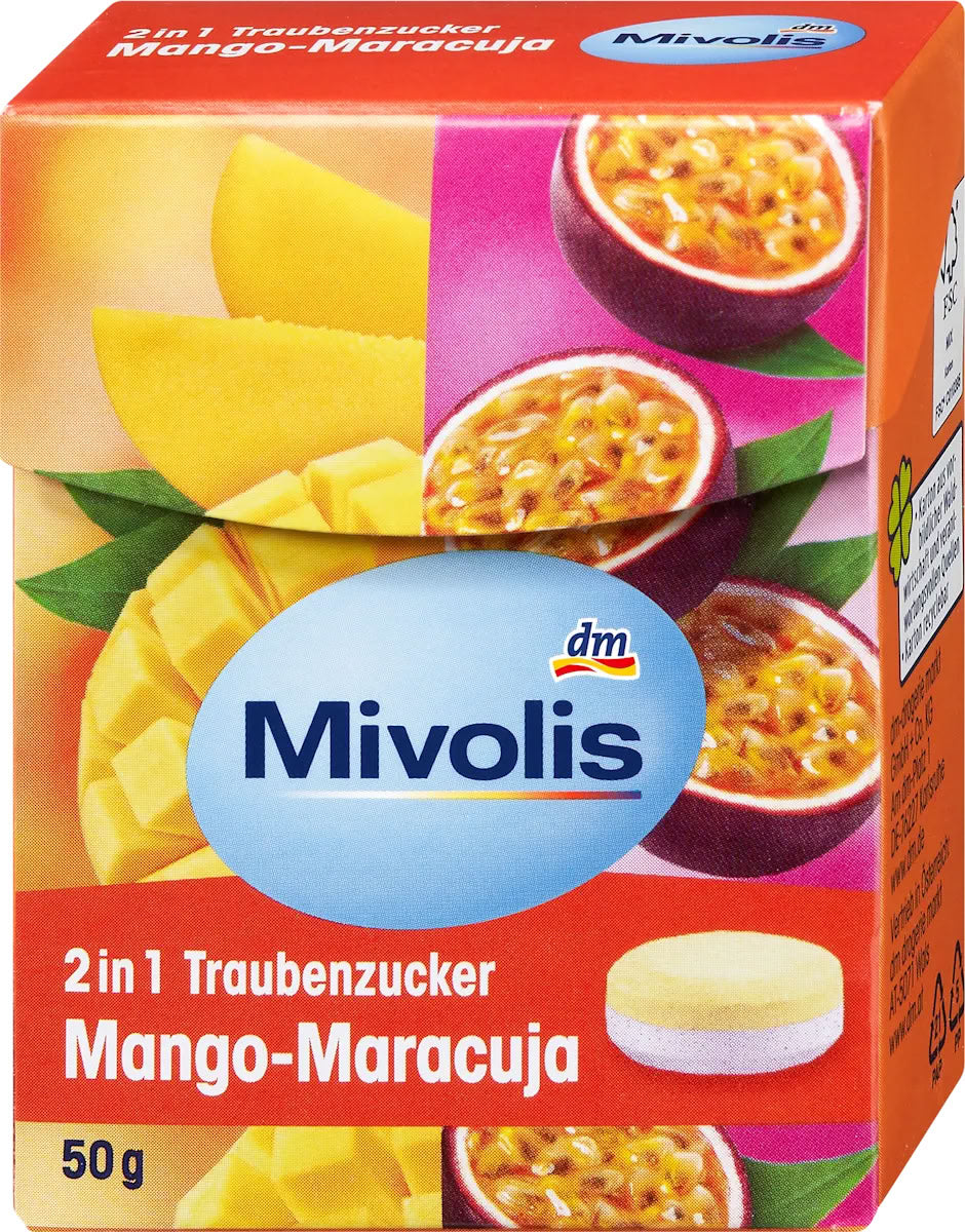 Mivolis Mango & Passion Fruit 2-in-1 Dextrose Candies, 50 g