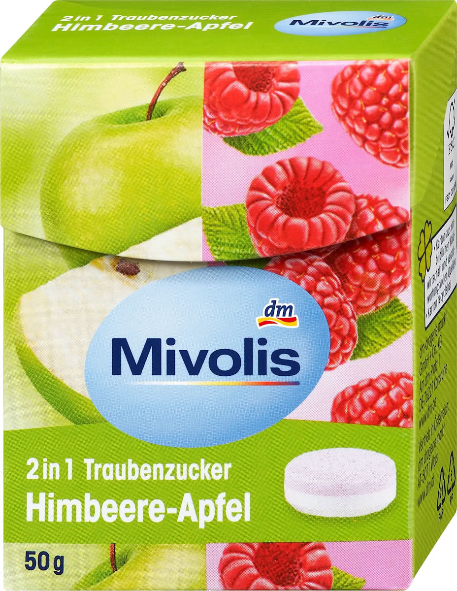 Mivolis Raspberry & Apple 2-in-1 Dextrose Candies, 50 g