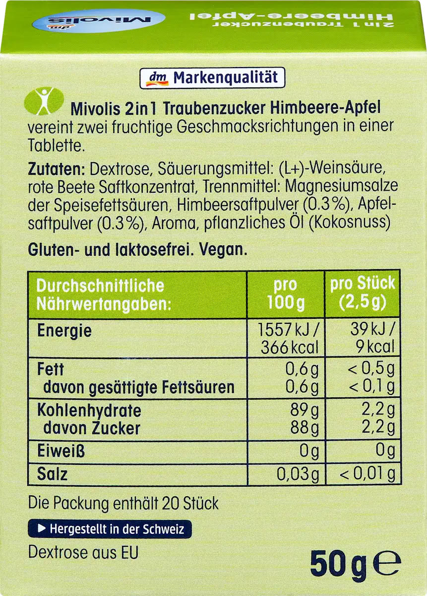 Mivolis Raspberry & Apple 2-in-1 Dextrose Candies, 50 g - Image 2