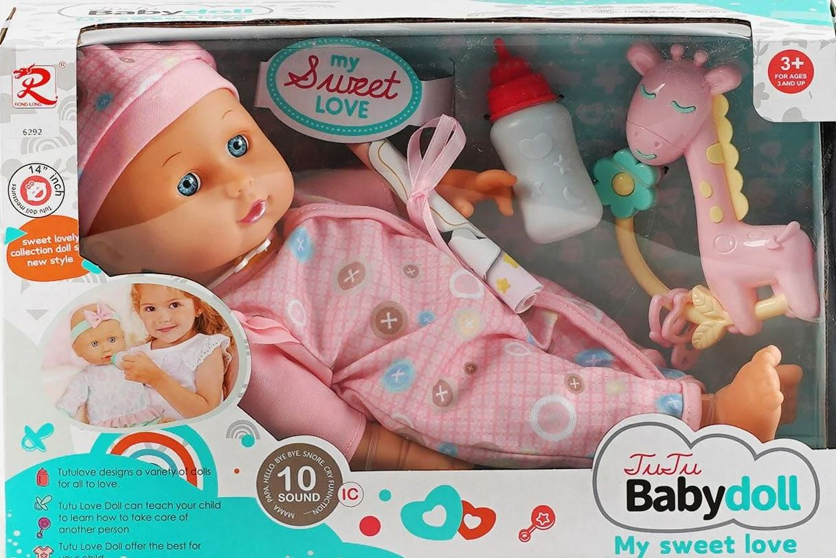 6292 Soft Baby Doll with Bottle, Rattle & Music Chip, 37 cm