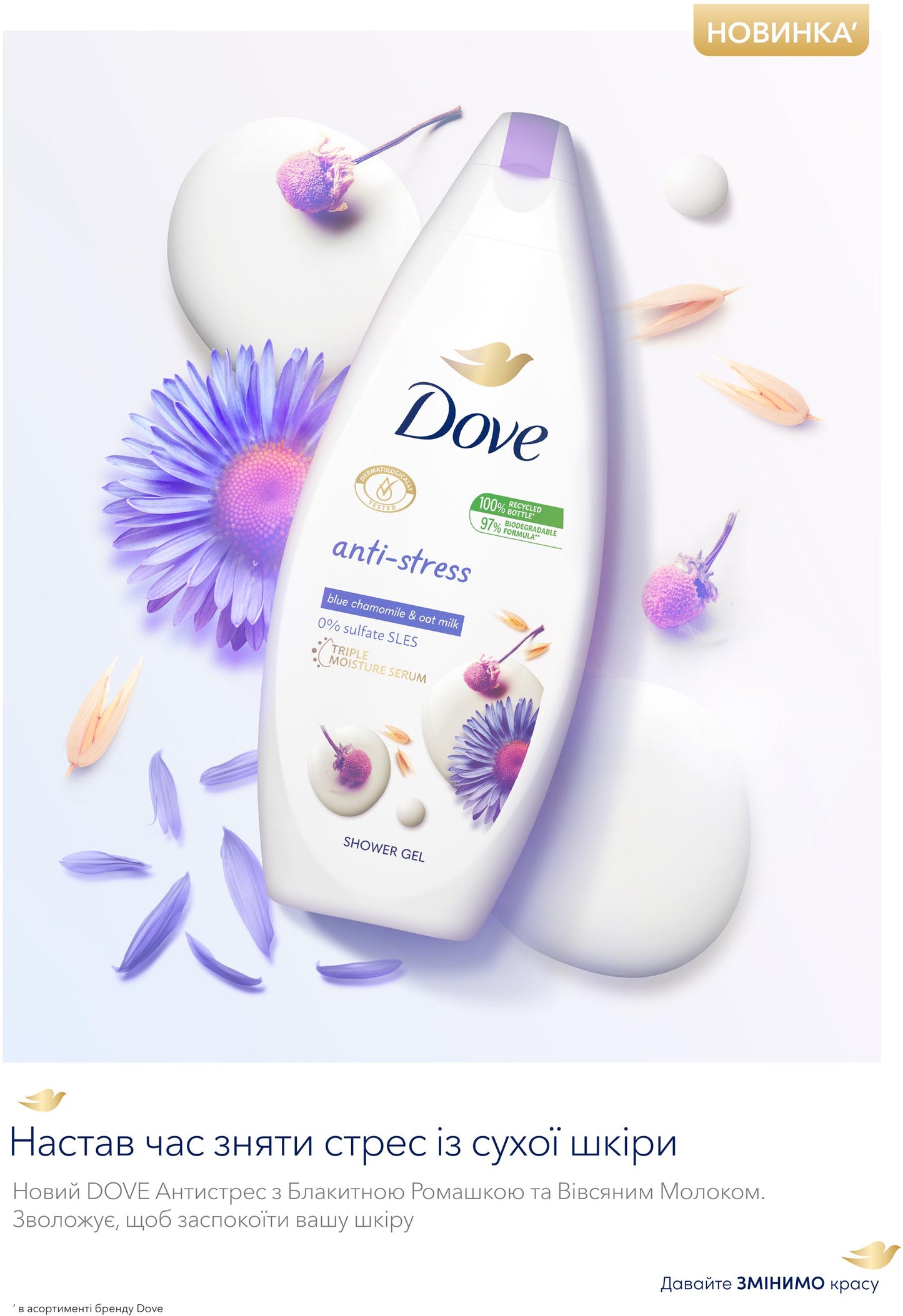 Dove Anti-Stress Shower Gel with Blue Chamomile & Oat Milk, 250 mL - Image 2