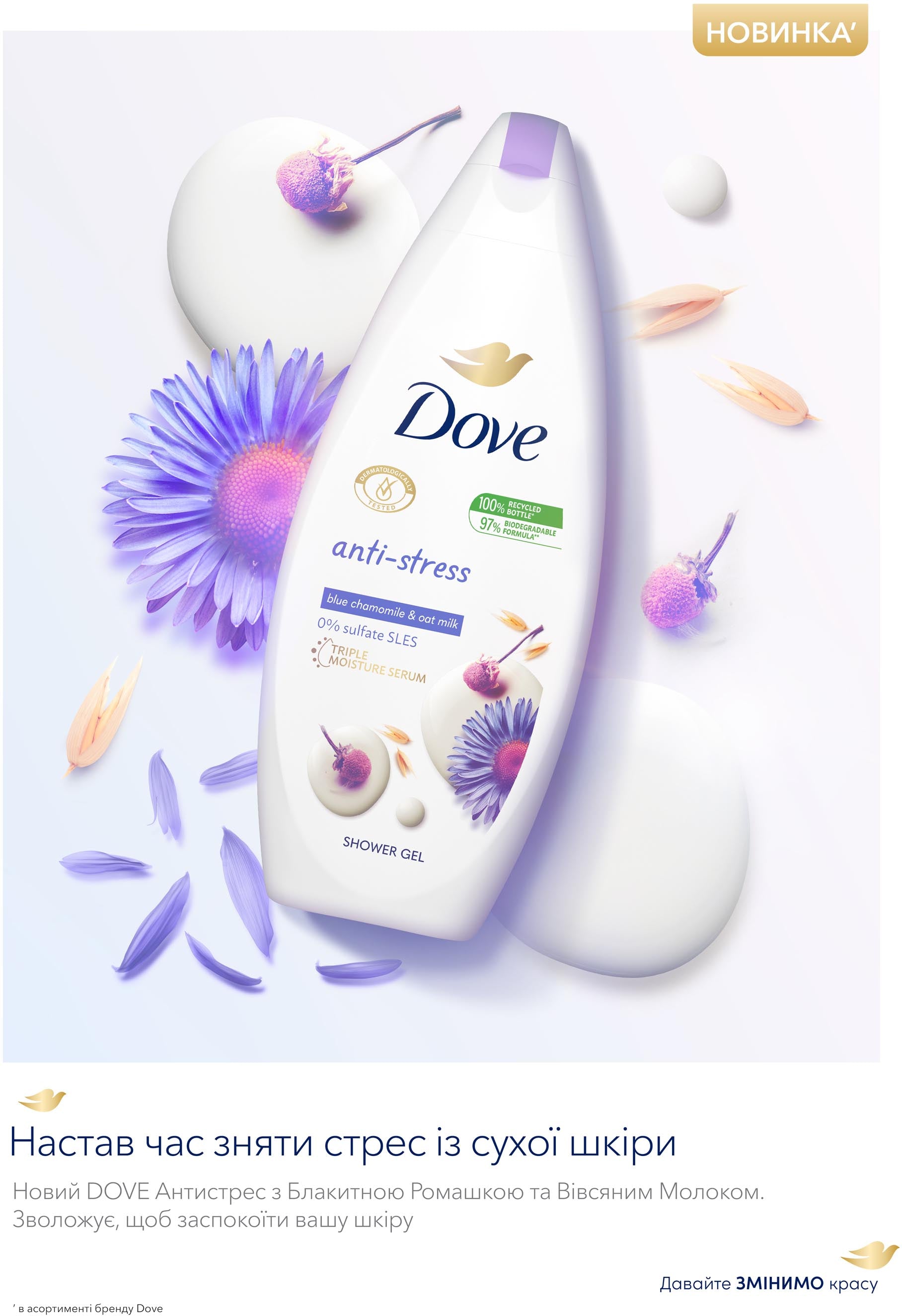 Dove Anti-Stress Shower Gel with Blue Chamomile & Oat Milk, 250 mL - Image 2