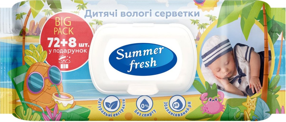 Summer Fresh Kids Wet Wipes with Lid, 80 pcs (72 + 8 Bonus)