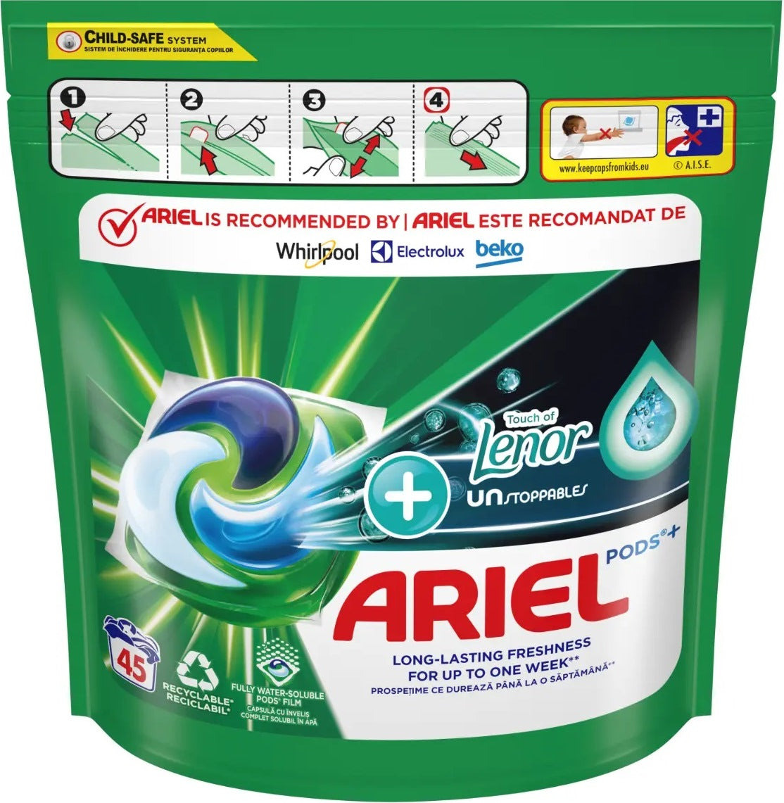 Ariel All-in-1 Pods + Lenor Laundry Detergent Pods, 45 pcs (Price per 1 pc)
