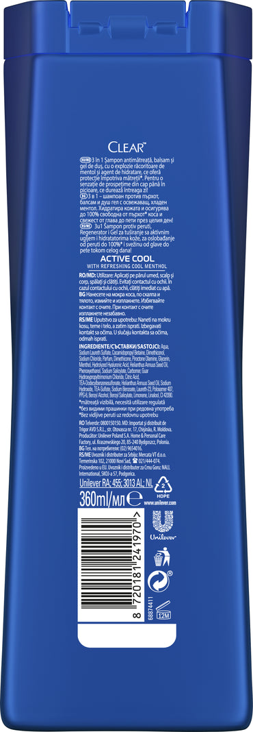 Clear Icy Menthol Freshness Men's 3-in-1 Anti-Dandruff Shampoo, 360 mL - Image 2