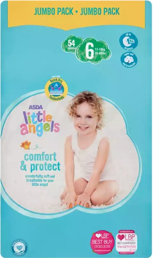 Asda Little Angels Comfort & Protect 6 Baby Diapers, 13-18 kg, 54 pcs