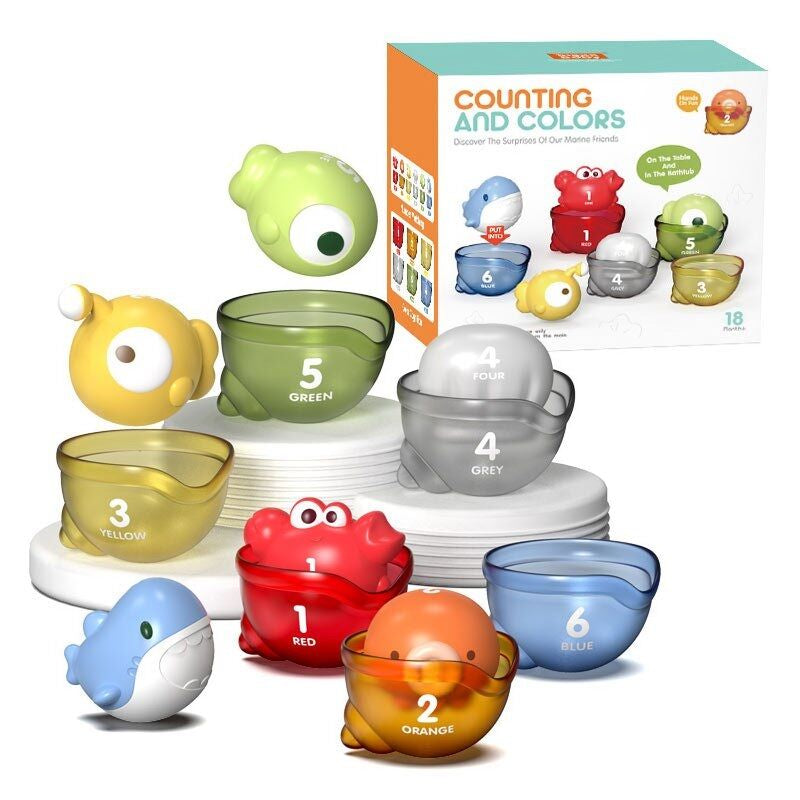 YB 17606 Bath Sorting Logic Game with Rubber Figures, Plastic Cups, English Words & Numbers