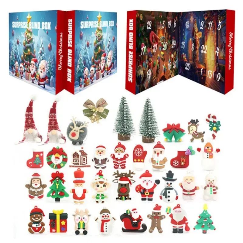LZMH 004-4 Advent Calendar with Rubber Figures, Fabric Gnomes & Christmas Trees, 24 Windows