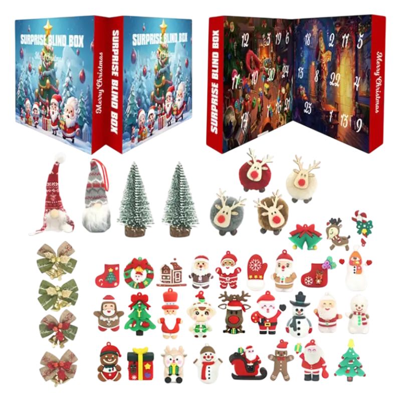 LZMH 004-3 Advent Calendar with Rubber Figures, Fabric Gnomes & Christmas Trees, 24 Windows