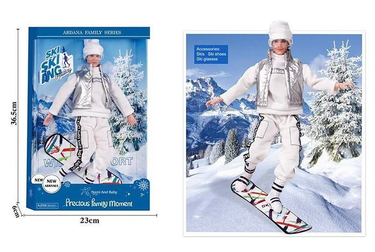 A 806 A Skier Doll with Snowboard, Goggles & Removable Clothing in Box, 30 cm