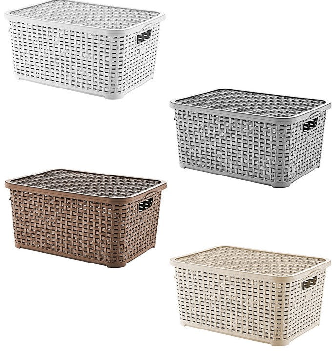 Irak Plastik SP295 Rattan-Style Storage Basket with Lid, 34 x 24 x 16 cm, 10 L