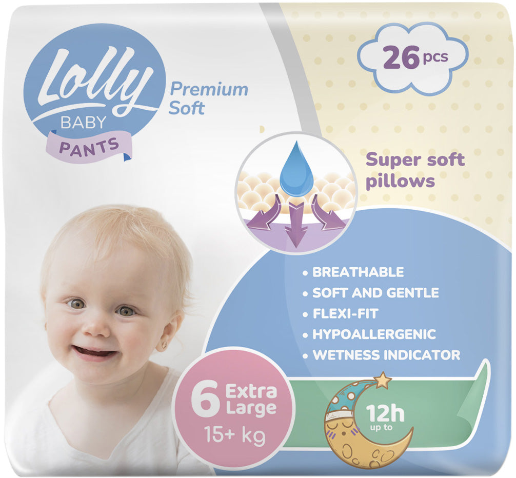 Lolly Premium Soft 6 Baby Pull-Up Diaper Pants, 15+ kg, 26 pcs