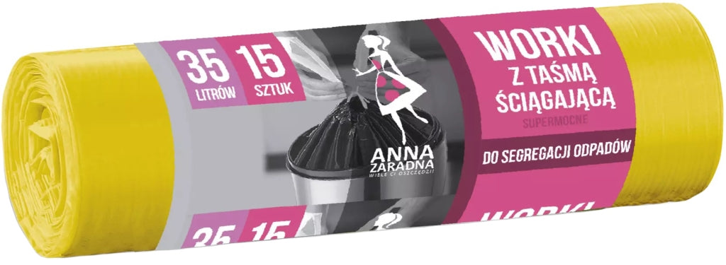 Anna Zaradna Strong Yellow Drawstring Trash Bags, 35 L, 15 pcs