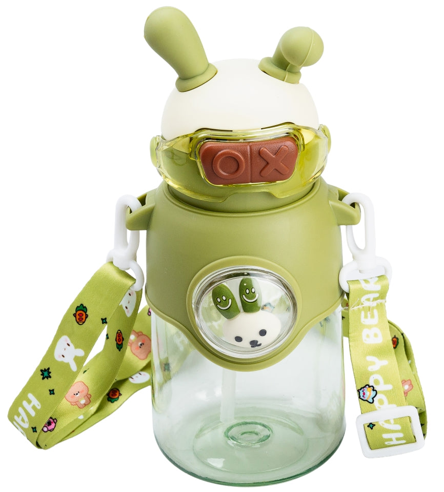 Rabbit Green Kids' Water Bottle with Push-Button Lid & Strap, 700 mL