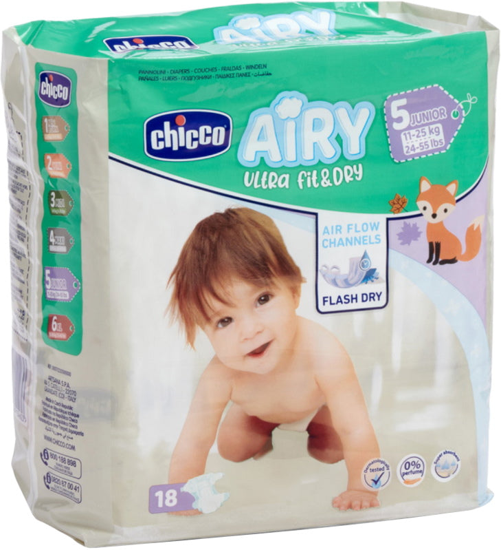 Chicco Airy Ultra Fit & Dry Size 5 Baby Diapers, 11-25 kg, 18 pcs