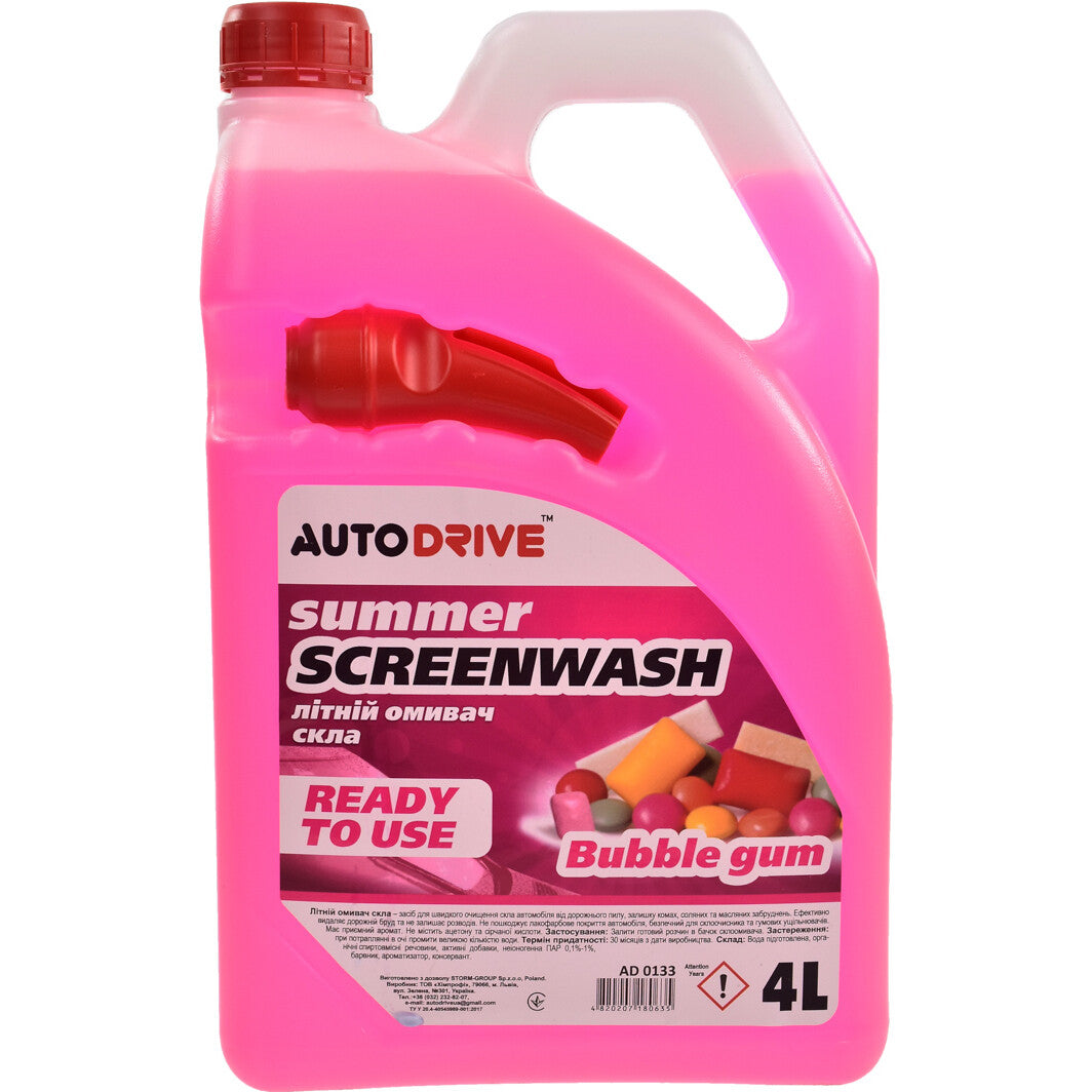 Auto Drive AD0133 Bubble Gum Summer Windshield Washer Fluid, 4 L