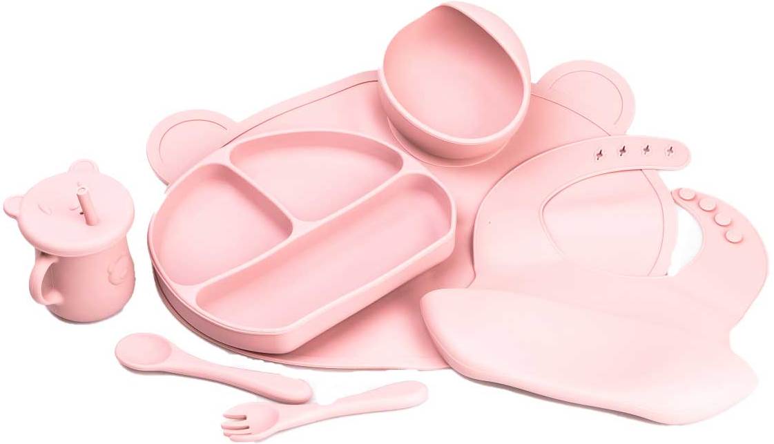 Pink Bear Kids' Silicone Tableware Set, 7 pcs