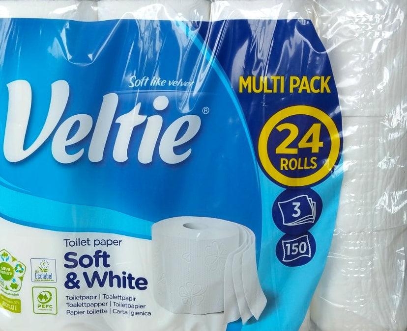 Veltie Soft & White 3-Ply Toilet Paper, 24 Rolls
