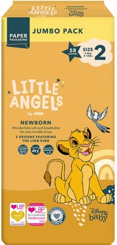 Asda Little Angels Newborn Size 2 Baby Diapers, 4-8 kg, 58 pcs