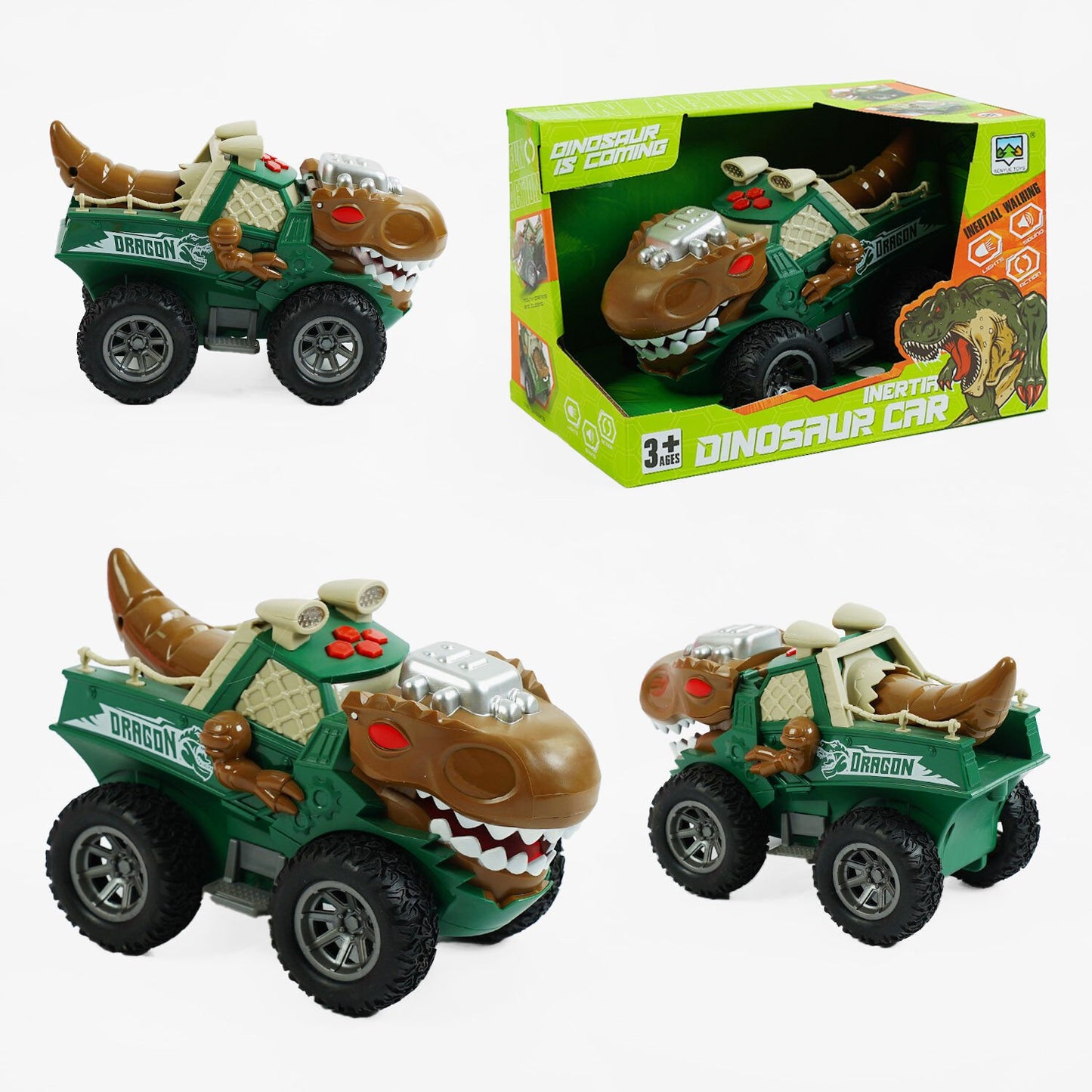 SY 200-3 Dinosaur Friction-Powered Toy Car with Sound, Lights & Moving Tail