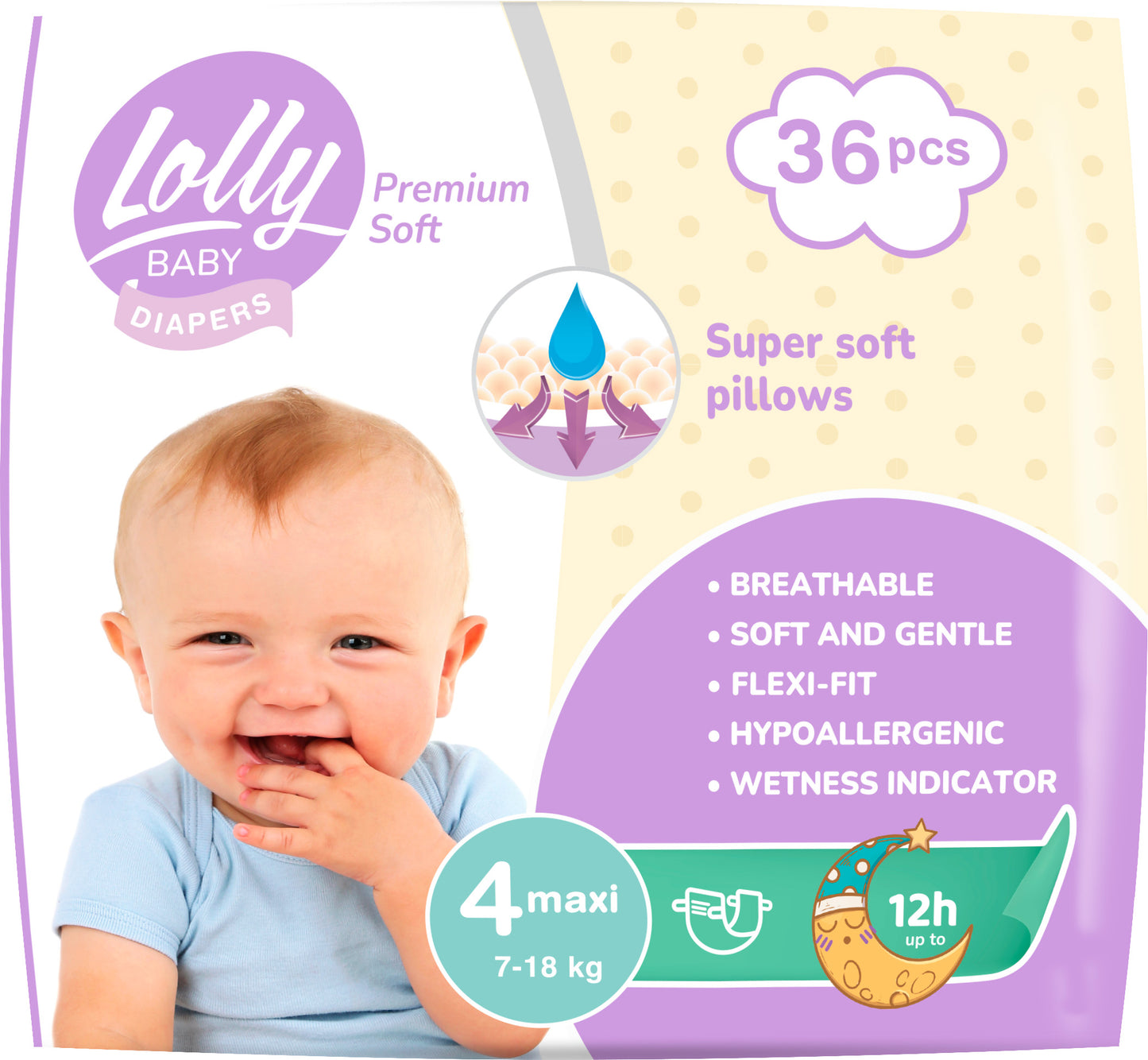 Lolly Premium Soft 4 Baby Diapers, 7-18 kg, 36 pcs