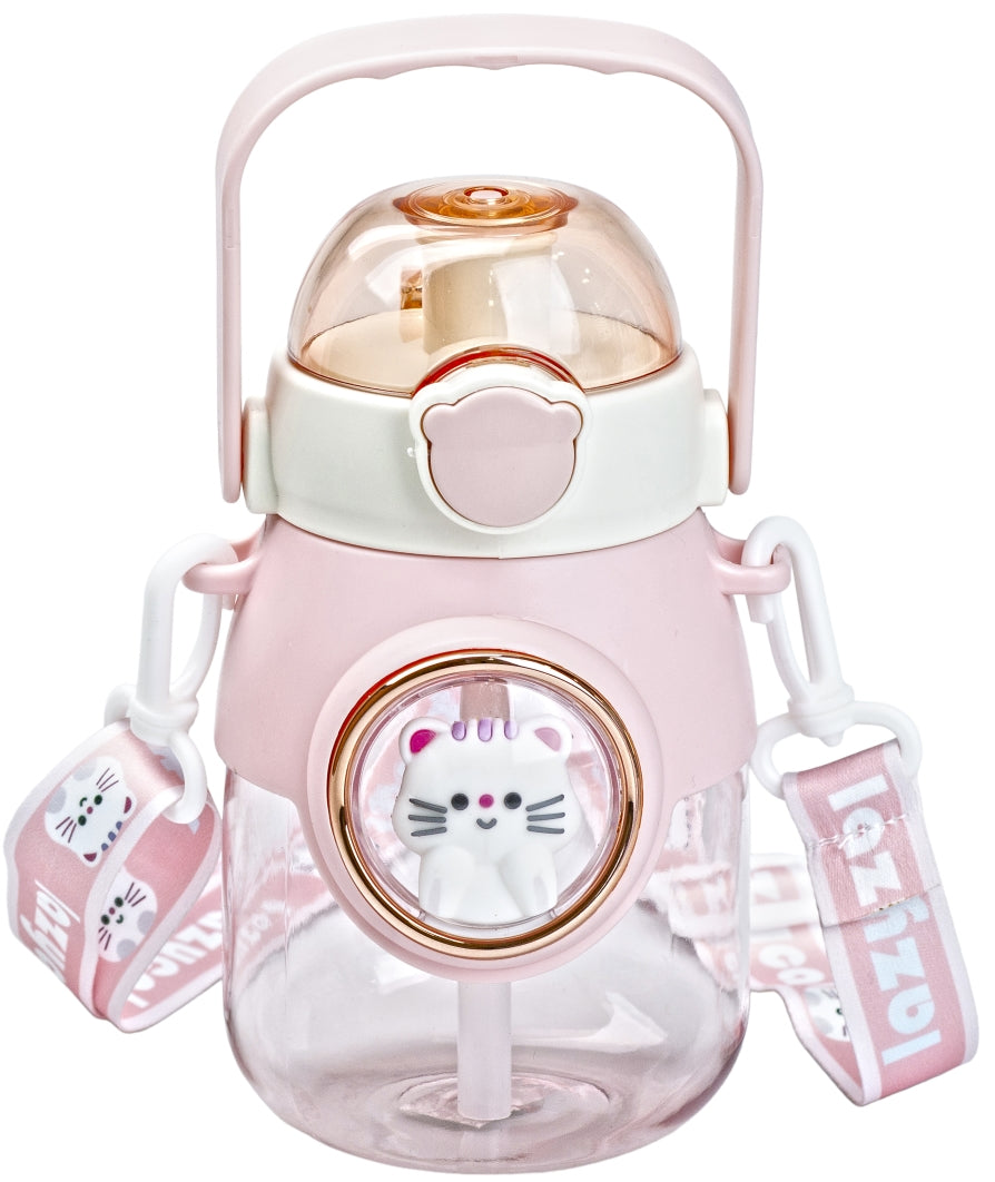 8019 Pink Kids' Water Bottle with Handle, Straw & Strap, 800 mL