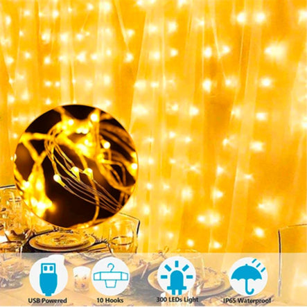 ZABI-12 G USB Dew Drops Wire Curtain Lights with Remote, Gold Light, 3 x 2 m - Image 3