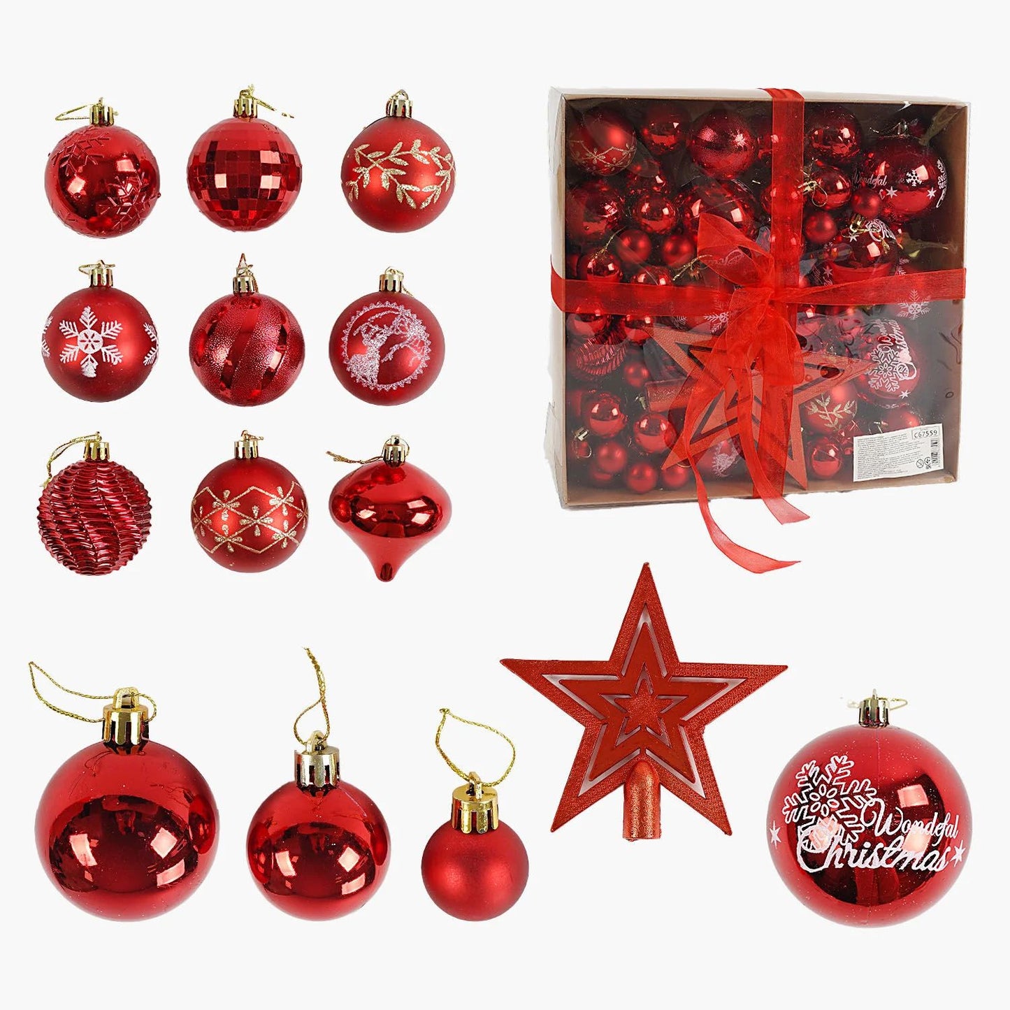 C 67559 Assorted-Shaped Christmas Ornament Set with Star Tree Topper in Gift Box, 85 pcs
