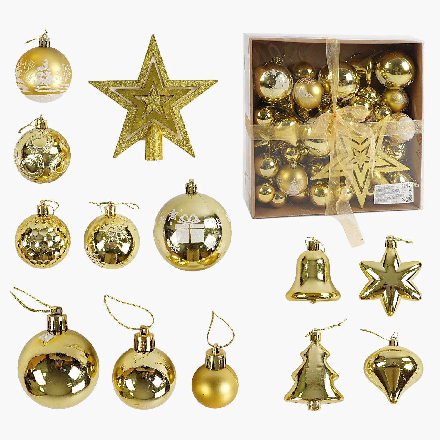 C 67560 Assorted-Shaped Christmas Ornament Set in Gift Box, 80 pcs