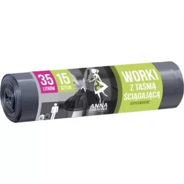Anna Zaradna Heavy-Duty Drawstring Garbage Bags, 35 L, 15 pcs