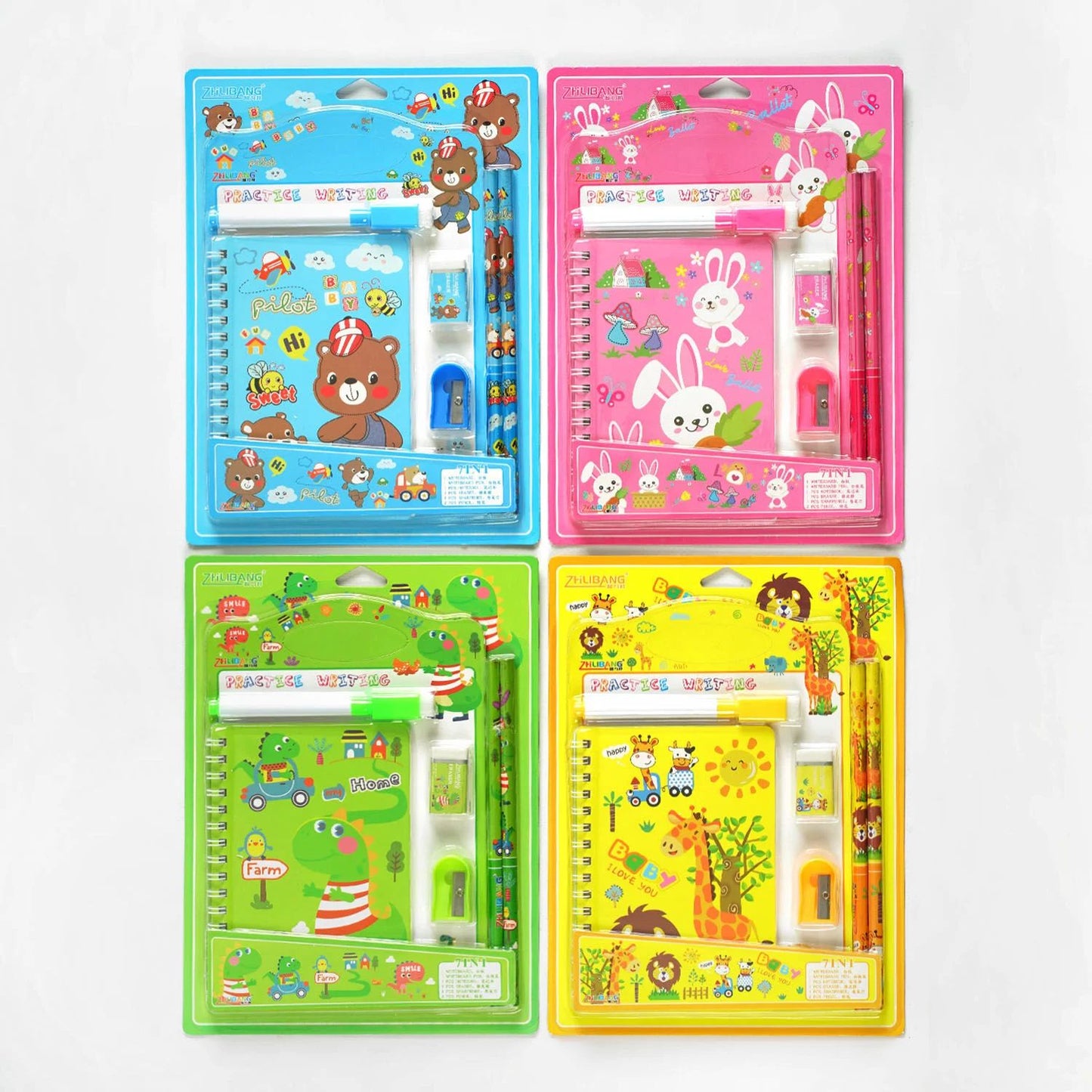Zhubang C 60748 7-in-1 Stationery Set with Write-and-Erase Board & Marker, Notebook, Pencils, Sharpener & Eraser