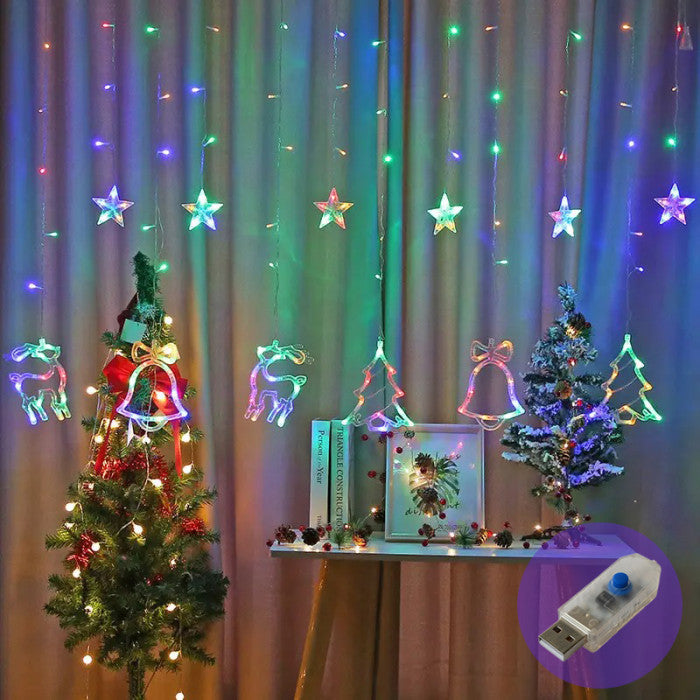 XR-9M Star, Christmas Tree, Reindeer & Bell Curtain Lights, Multicolor, 12 Figures, 3 x 1 m