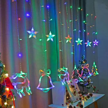 XR-9M Star, Christmas Tree, Reindeer & Bell Curtain Lights, Multicolor, 12 Figures, 3 x 1 m - Image 2