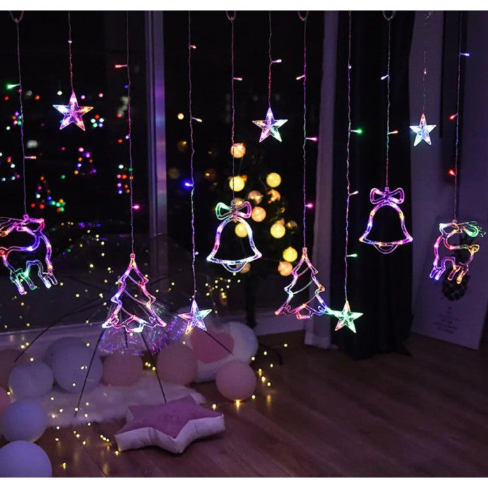 XR-9M Star, Christmas Tree, Reindeer & Bell Curtain Lights, Multicolor, 12 Figures, 3 x 1 m - Image 3