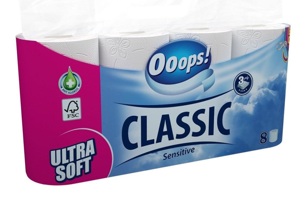 Ooops Classic Sensitive 3-Ply Toilet Paper, 8 Rolls