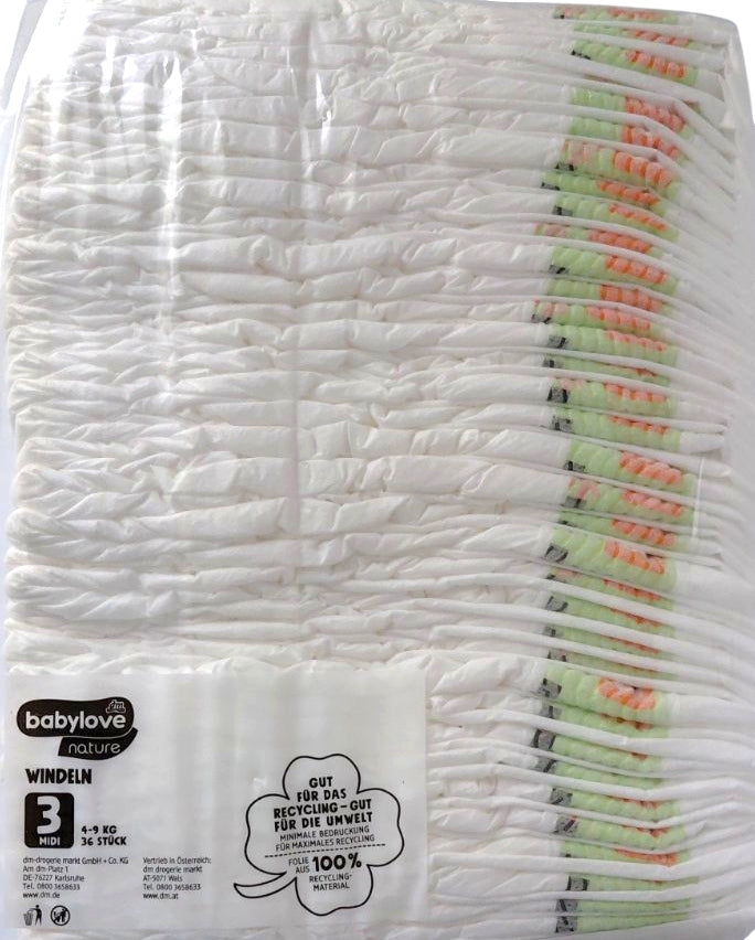Babylove Nature Transparent Pack Baby Diapers Size 3, 36 pcs, 4-9 kg