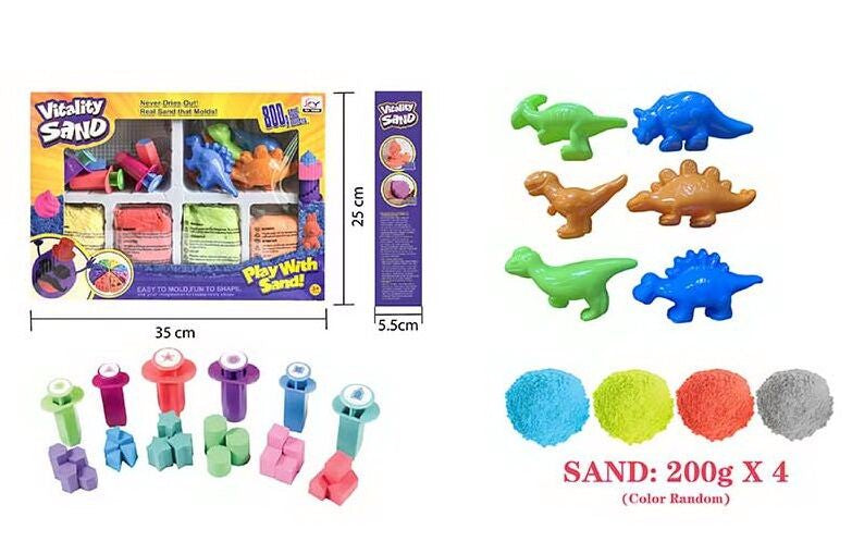 Vitality Sand 1902 B Kinetic Sand Set with 4 Colors, 6 Molds & 7 Extruders, Assorted, 800 g