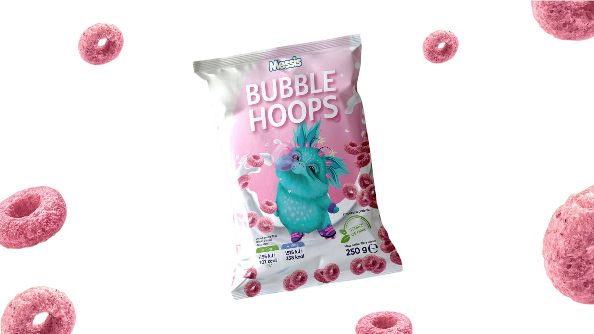 Messis Bubble Hoops Bubble Gum-Flavored Cereal Rings, 250 g