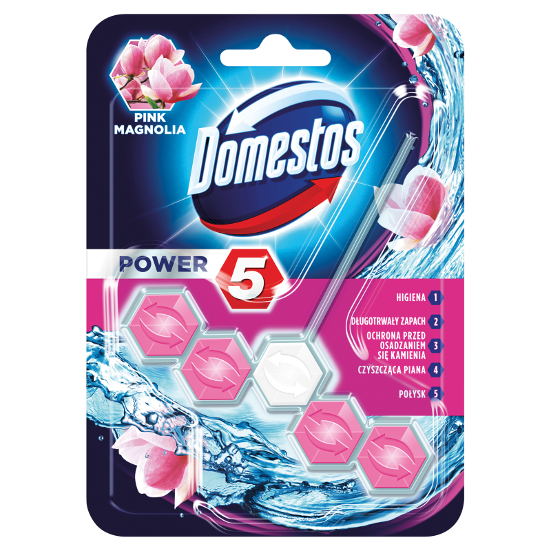 Domestos Power 5 Pink Magnolia Toilet Rim Block, 55 g
