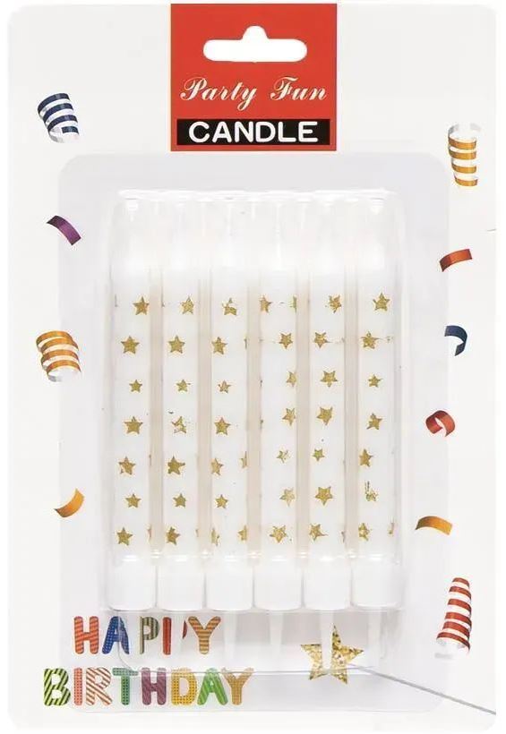 White Cake Candles with Gold Stars, 6 pcs