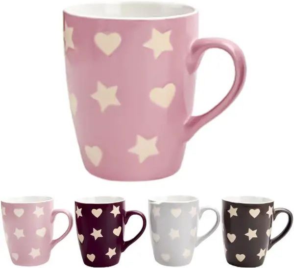 Interos KW139 Stars & Hearts Ceramic Cup, Assorted, 340 mL