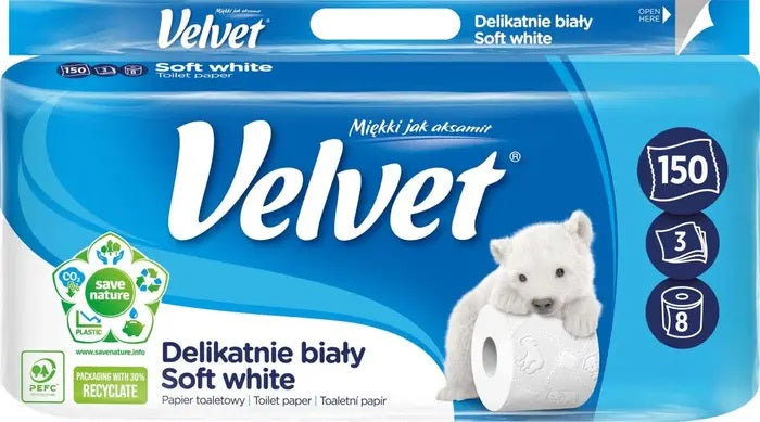 Velvet Soft & White 3-Ply Toilet Paper, 8 Rolls, 150 Sheets per Roll