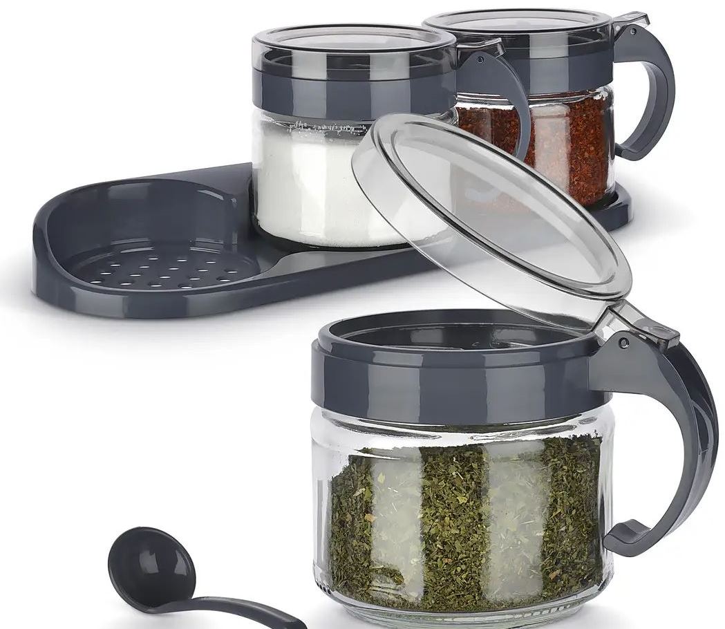 Titiz KS-386 Spice Jar Set with Stand & Spoons, 3 x 300 mL
