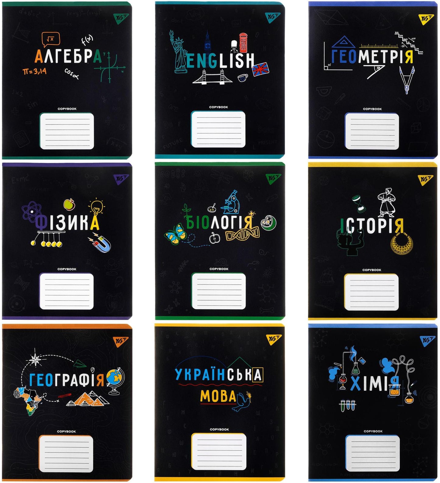 Yes Black Subject Notebook Set, 48 Sheets Each, 9 Count