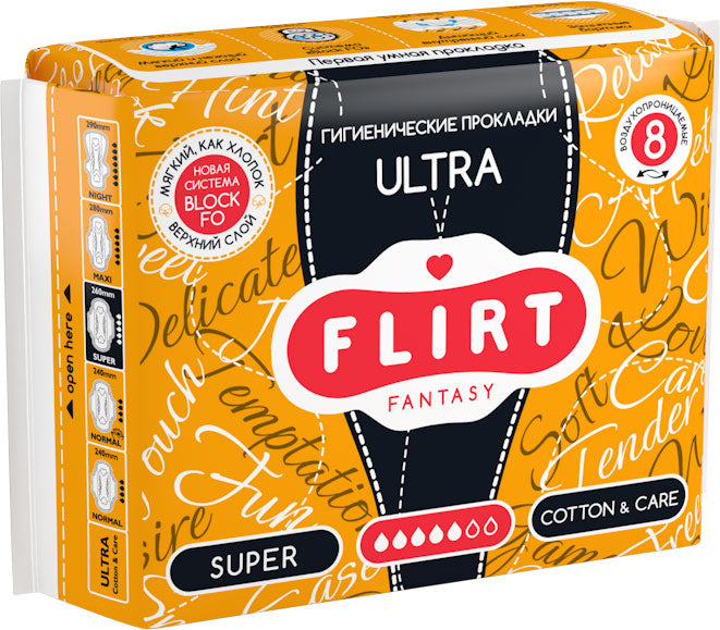 Fantasy Flirt Ultra Cotton & Care Super Sanitary Pads, 5 Drops, 8 pcs