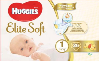 Huggies Elite Soft 1 Baby Diapers, 26 pcs, 2-5 kg