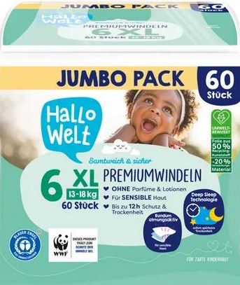 Hallo Welt Size 6 Baby Diapers, 13-18 kg, 60 pcs
